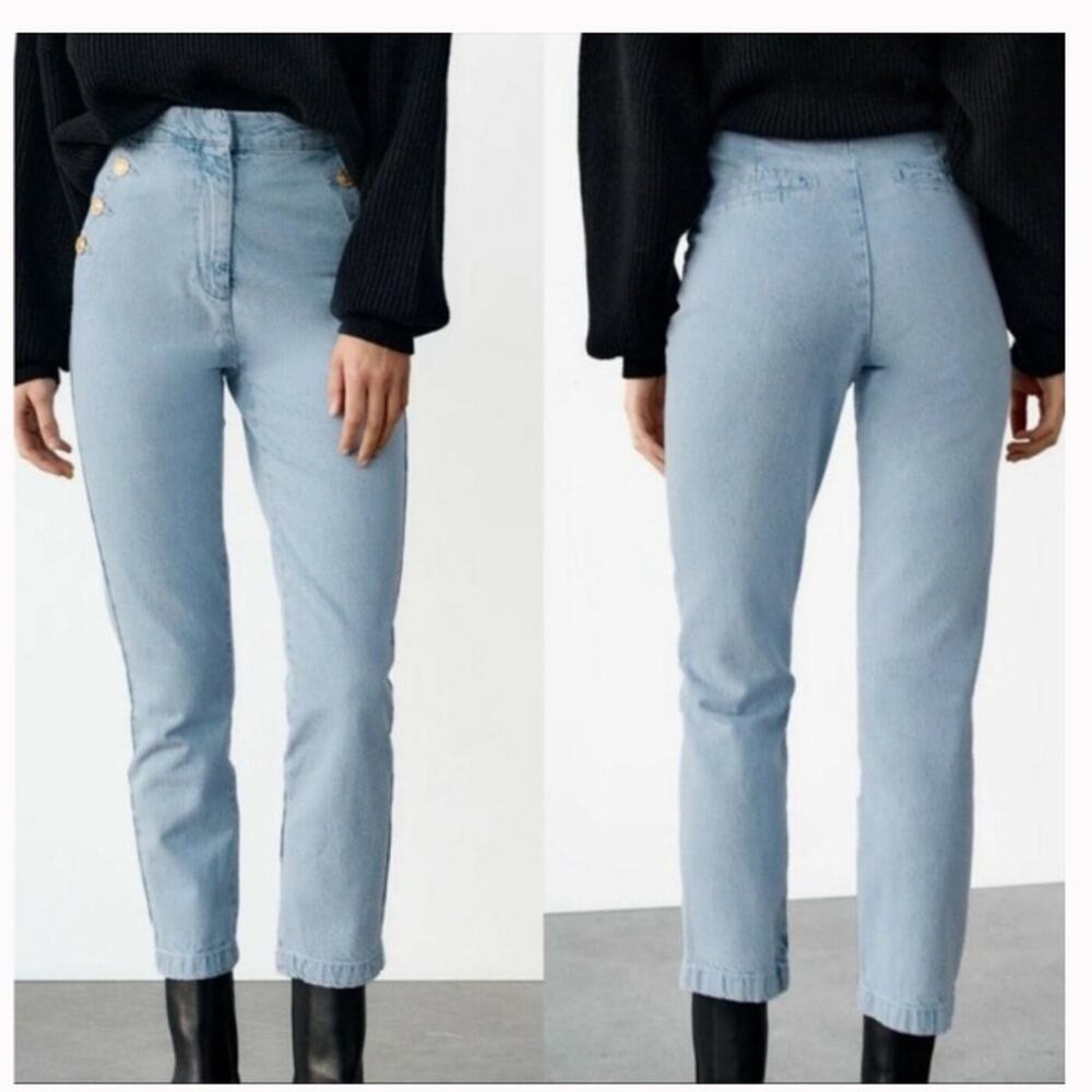 Zara High Waisted Sailor Jeans Light Wash Blue Gold Button Slim Leg XS 6147/157